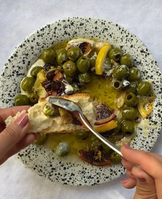 Citrus and Herb Roasted Olives with Tahini Sauce